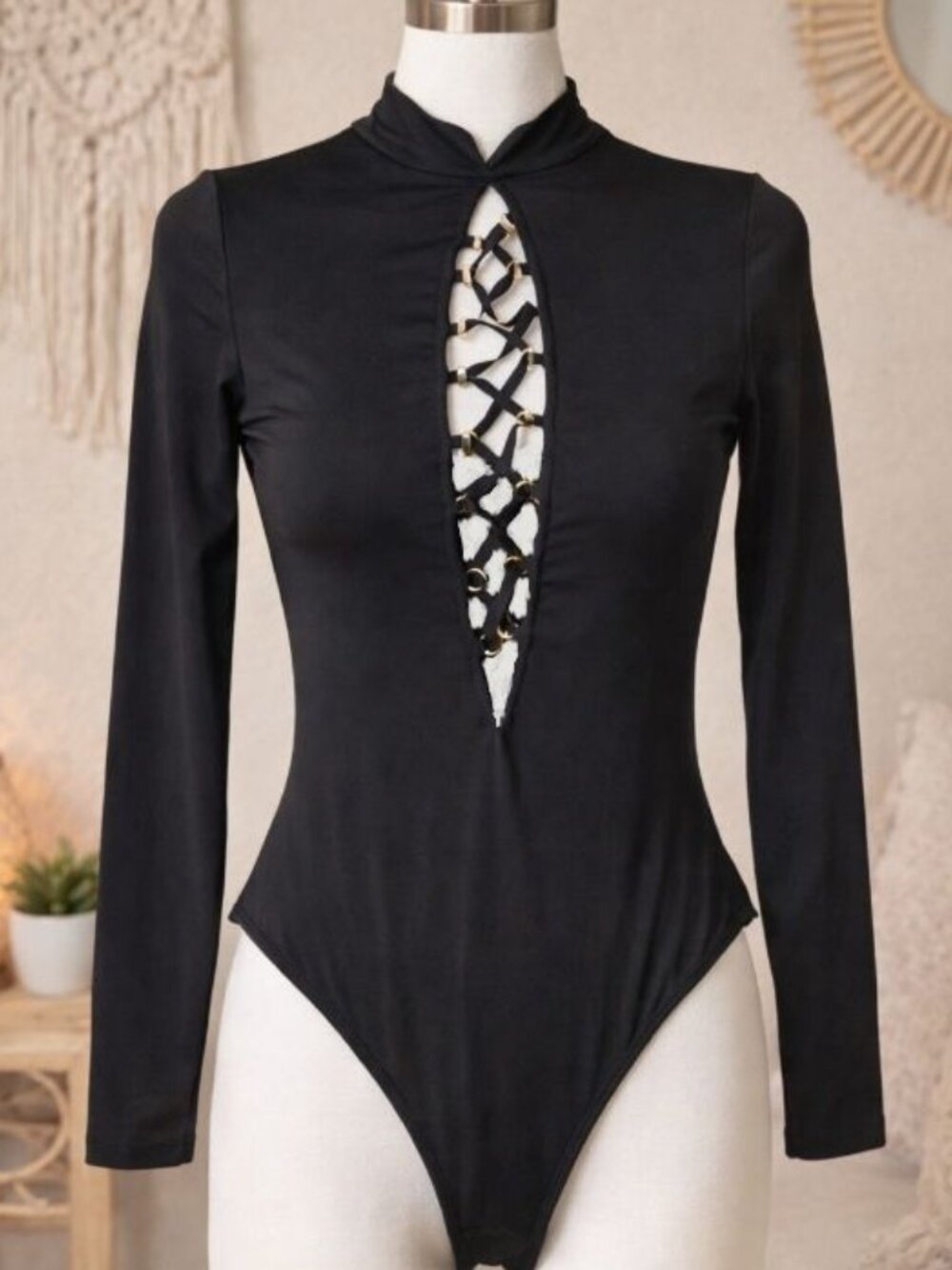 Victoria's Secret Black Lace Up Cutout Bodysuit M Night Out Clubwear Edgy Y2K